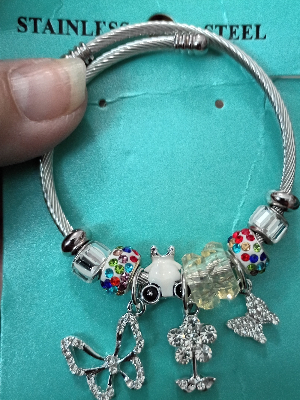 Silver Stainless Steel Charm Bracelet with Multicolor Crystal Beads